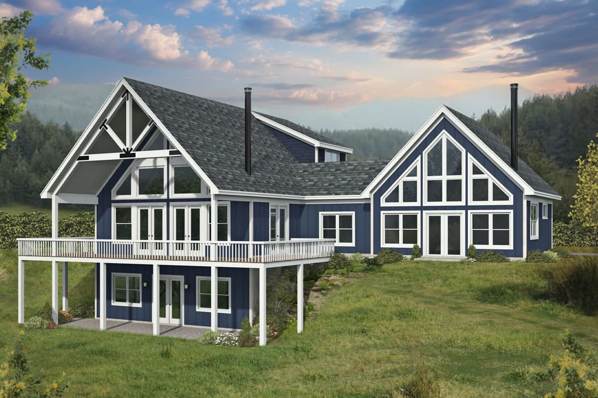 House plan exterior with two stories, gabled roof, large windows, and a raised deck with porch. Modern style home in blue siding.