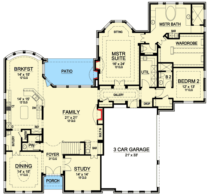 Plan 36203TX: European Elegance - Floor Plan - Main Level - European, French Country