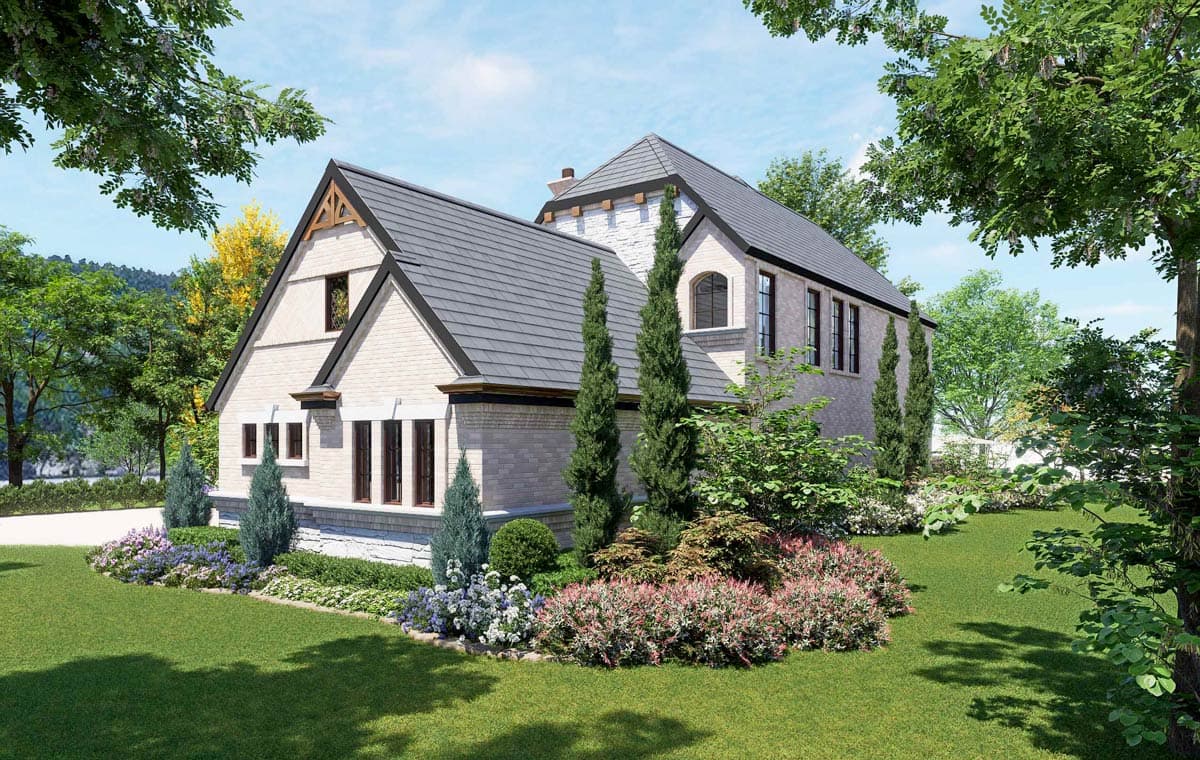 House plan exterior: Traditional style, two stories, brick facade, gabled roof, arched window, and prominent chimney.