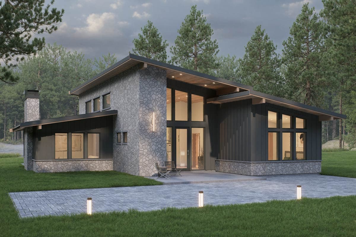Modern house plan exterior with stone facade, dark vertical siding, flat roof, and large glass entrance.