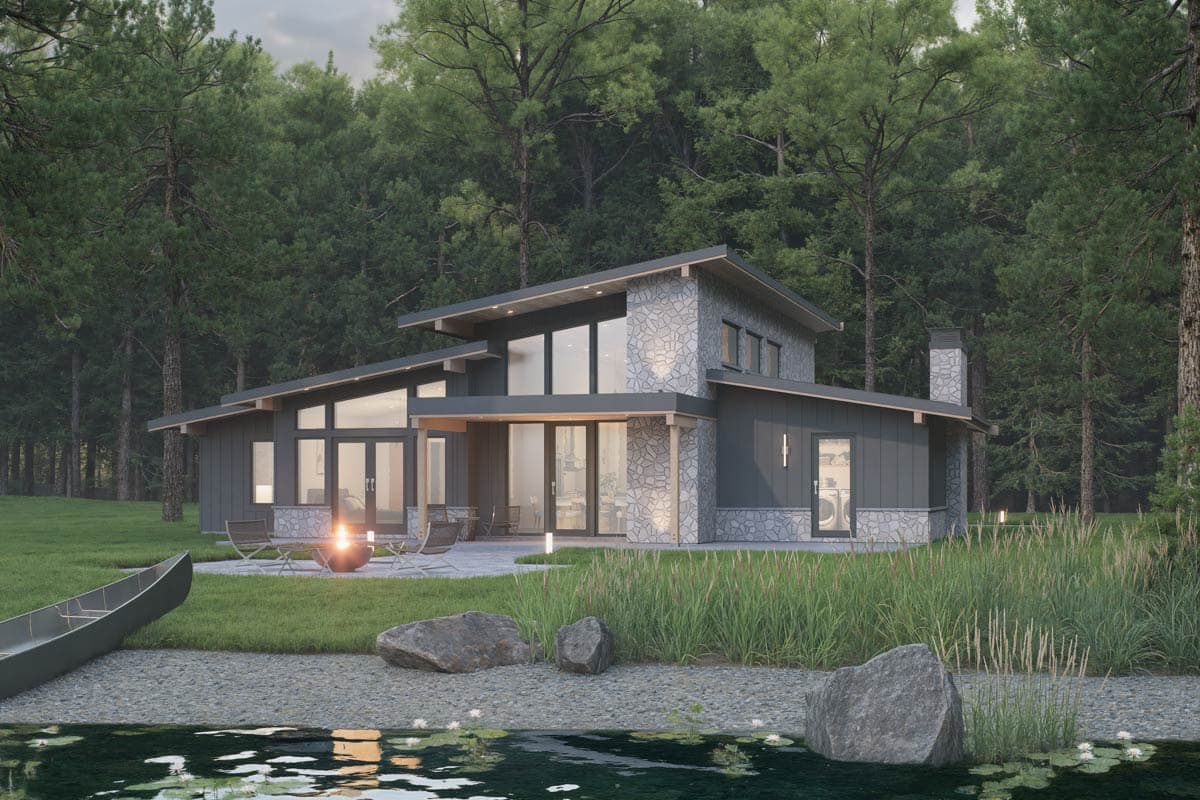 Modern house plan exterior with asymmetrical rooflines, stone accents, large windows, and covered patio.