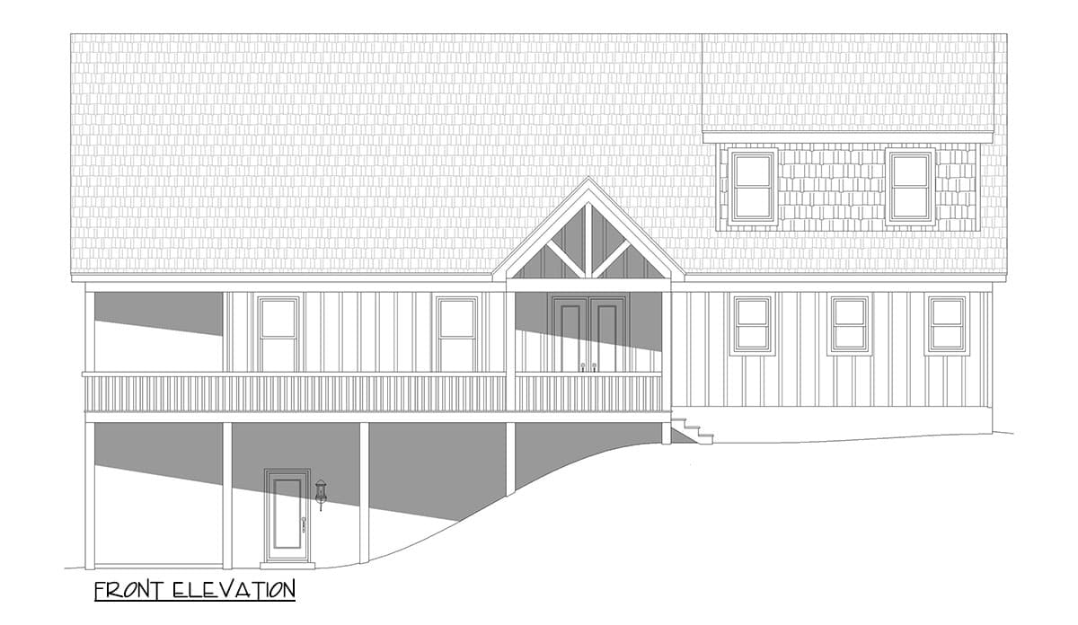 Front elevation house plan with a covered porch, gabled entrance, dormer windows, and a walk-out lower level.