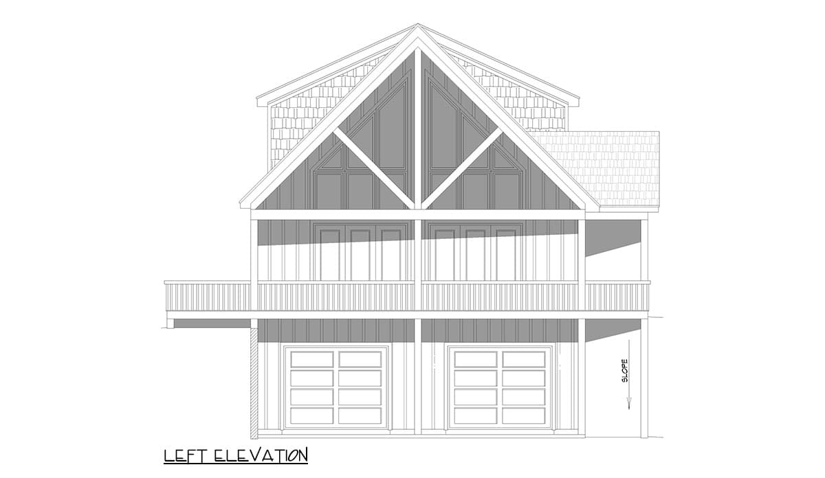 Left elevation drawing of a house plan featuring a prominent gable, two-story deck, and double garage doors.