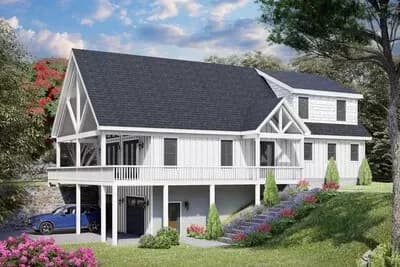 2-Story Lake House Plan with Vaulted Great Room and Lower Level Garage