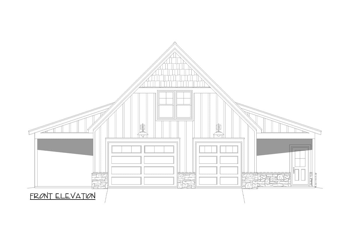 Front elevation drawing of a house plan with a prominent gable, two garage doors, and a covered entry.