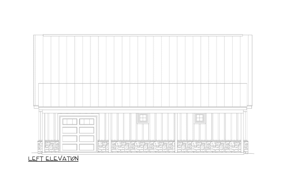 Left elevation drawing of a house plan with a garage door, porch, and stone base.