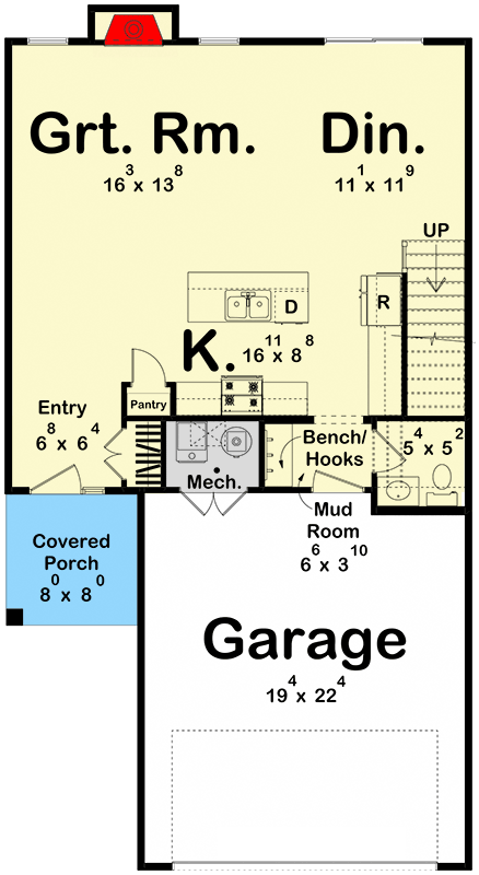 Plan 623356DJ: Craftsman House Plan with 3 Upstairs Bedrooms and 2-Car Garage - 1586Sq Ft - Floor Plan - Main Level - Craftsman, New American