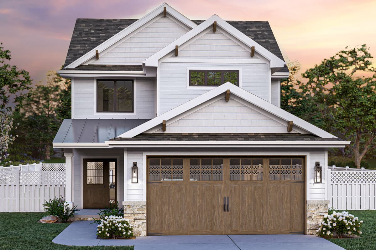 Two-story house plan exterior with a prominent gable roofline, siding, decorative eaves, covered entry, and a two-car garage.