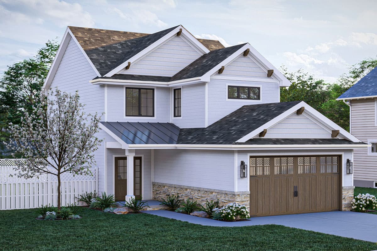 House plan exterior: two-story Modern Farmhouse with gabled roof, stone base, covered entry, and two-car garage.