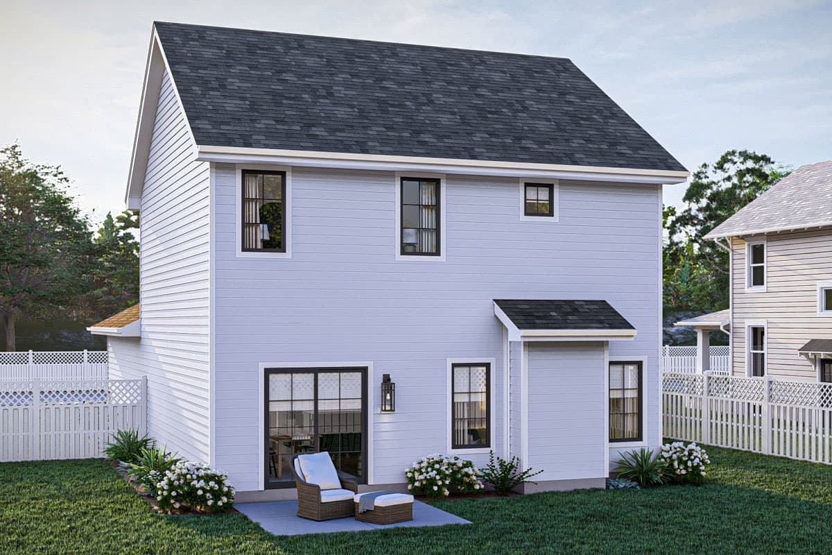 House plan exterior: Two-story home with gray siding, prominent gabled roof, large sliding glass door, and multiple double-hung windows.
