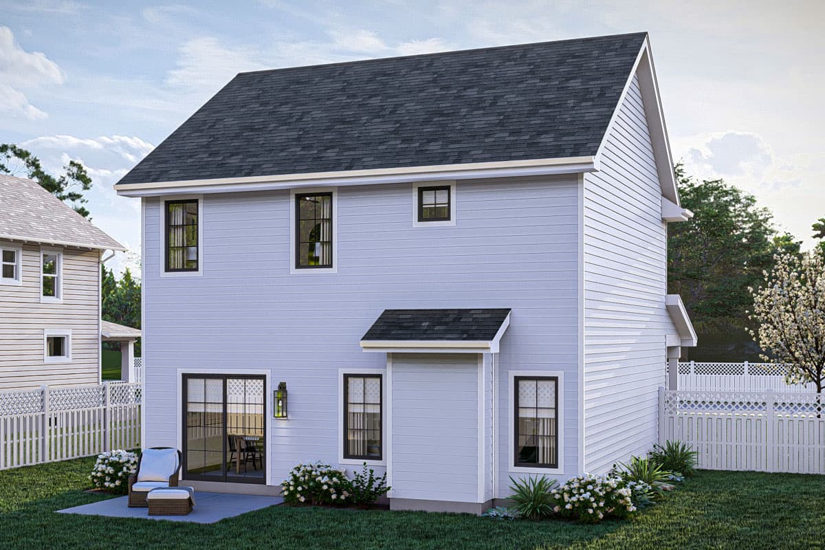 Two-story house plan exterior with horizontal siding, multiple windows, gabled roof, and sliding glass doors opening to a patio.