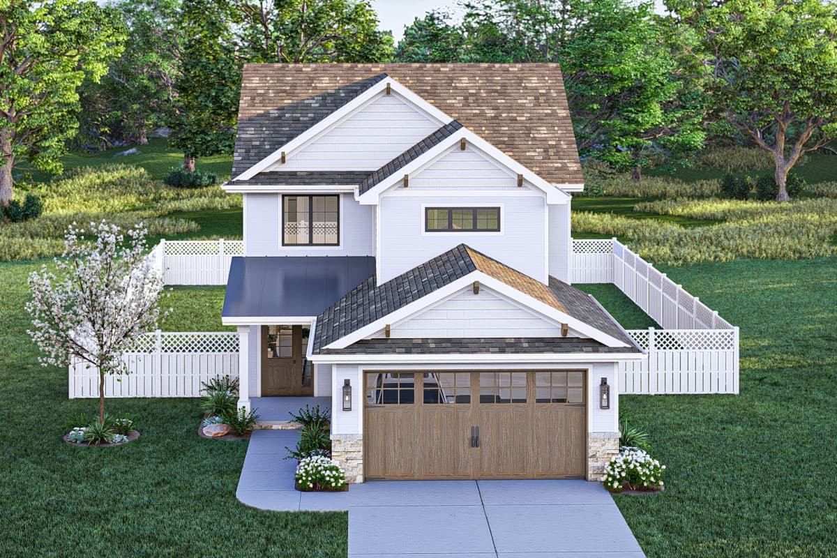 Modern Farmhouse style two-story house plan exterior with a two-car garage, prominent gables, and decorative dormers.