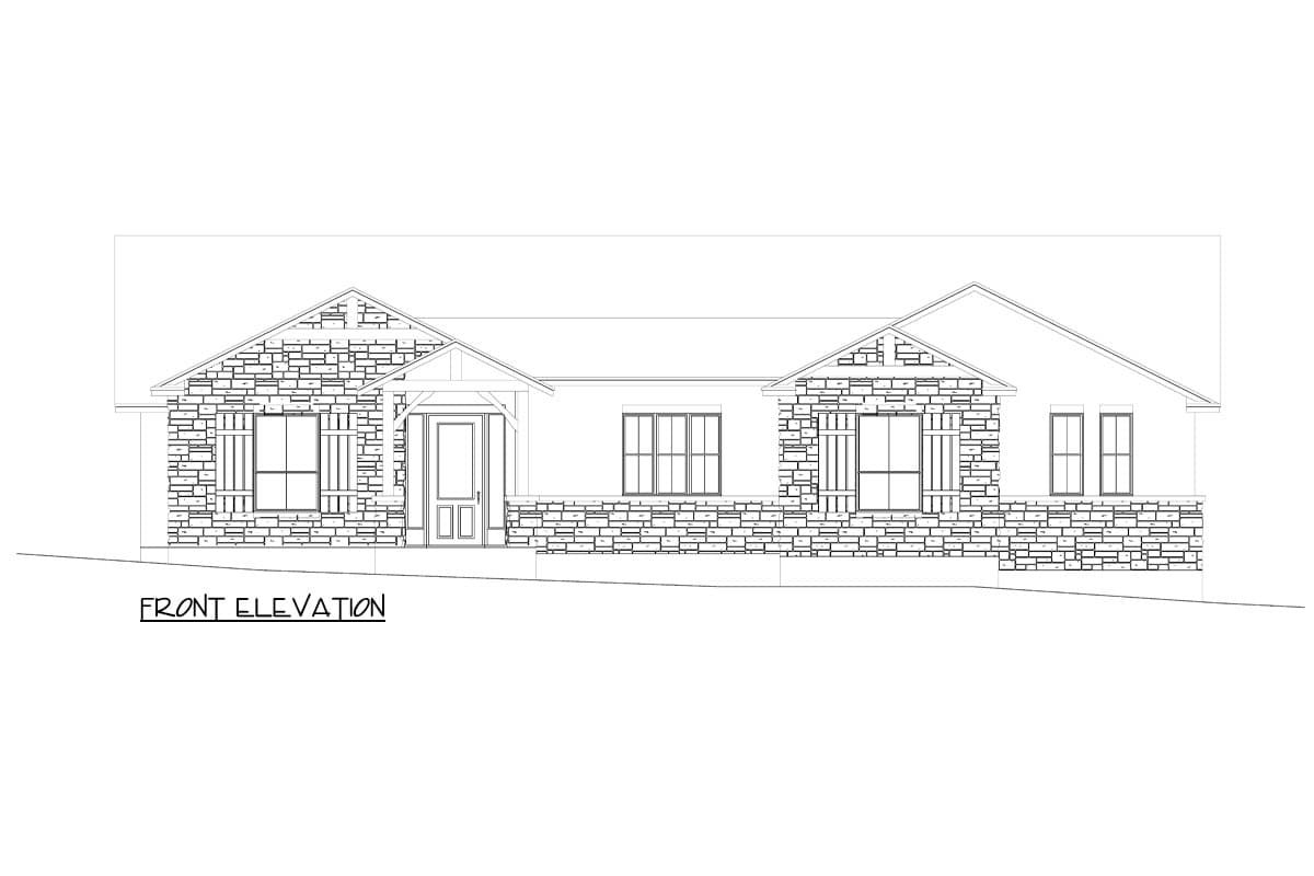 Front elevation drawing of a single-story house with stone veneer, gabled rooflines, covered porch, and multi-pane windows.