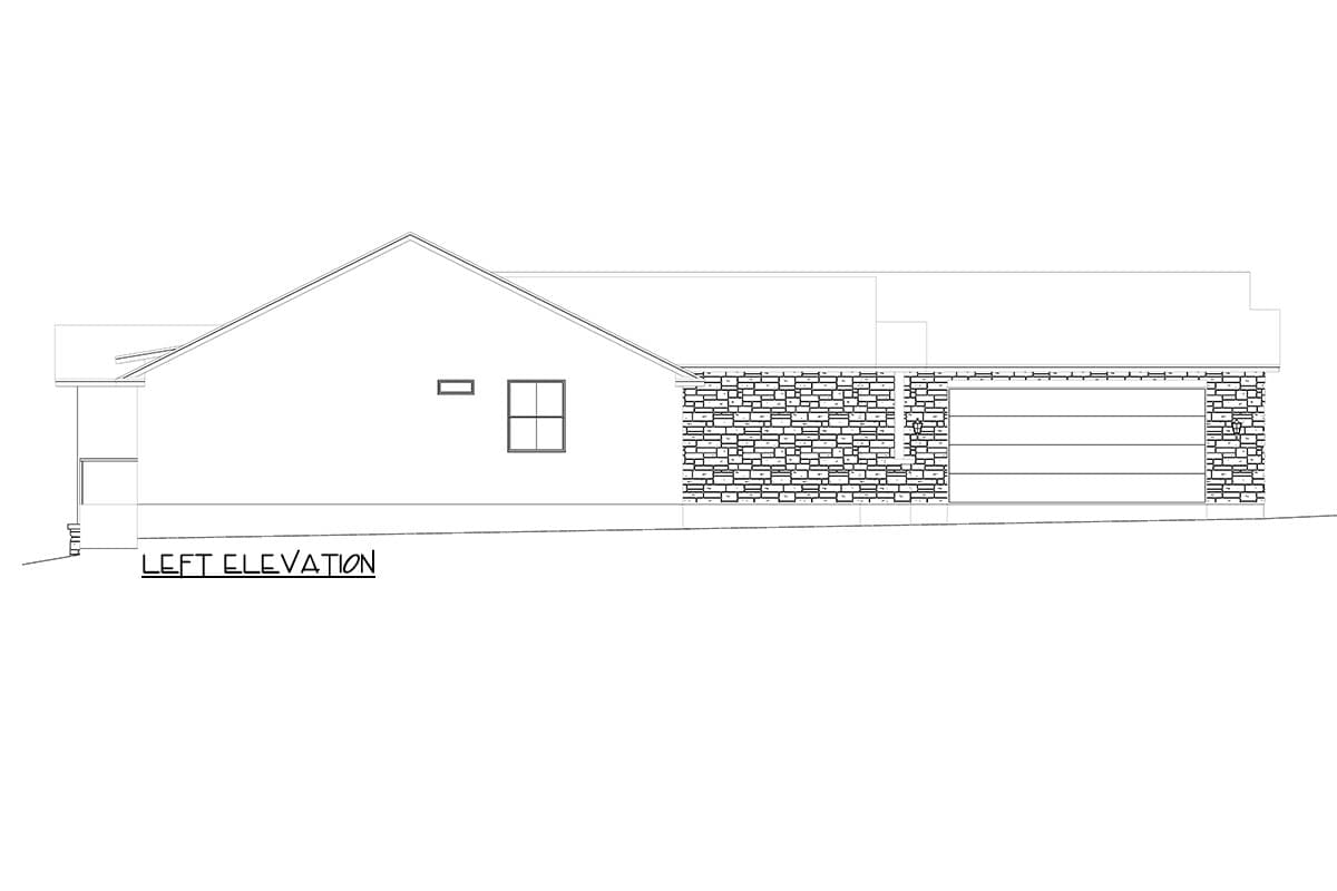 Left elevation drawing of a one-story house plan with stone facade and attached garage.