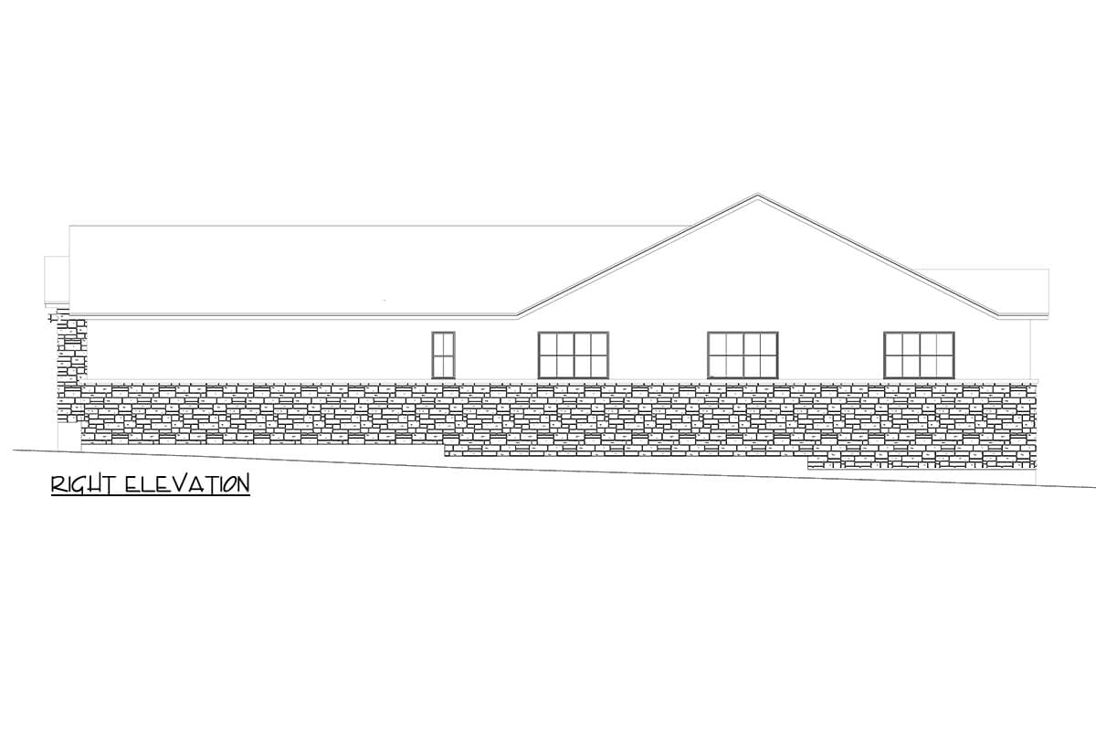 Right elevation of a house plan showing a pitched roof, stone foundation, and multiple windows.