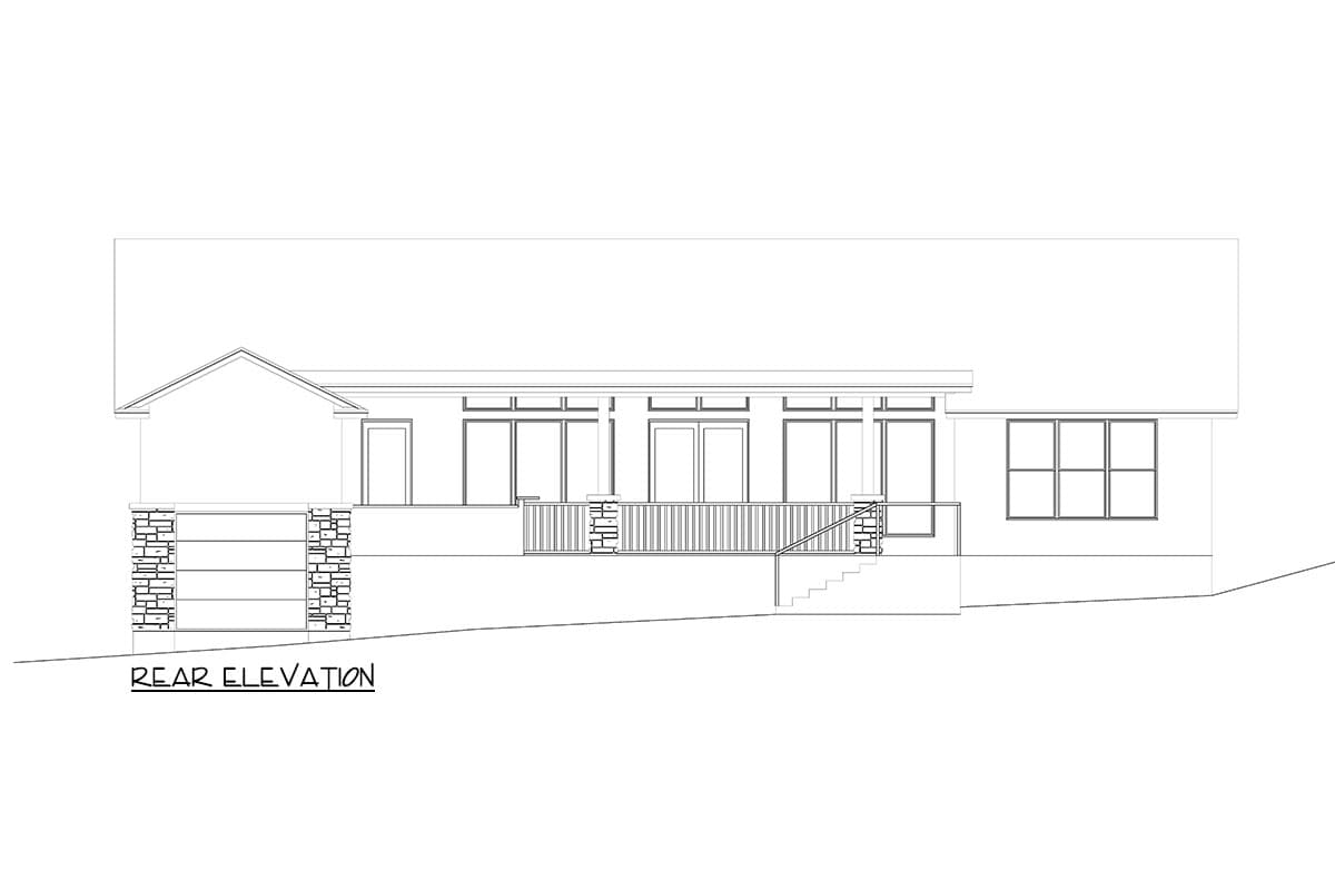 Rear elevation drawing of a house plan with a covered porch, multiple windows, and a stone-accented garage.