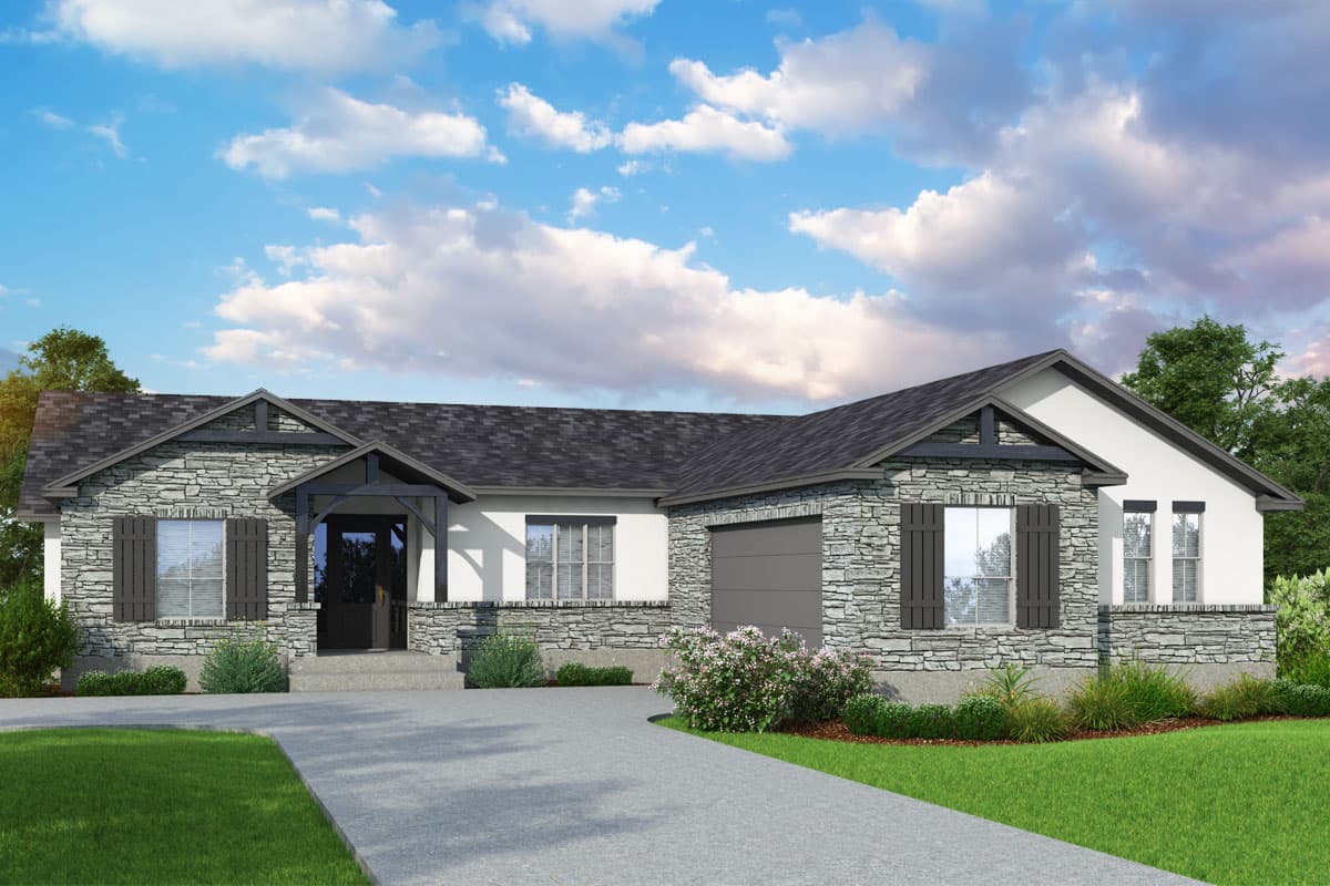 House plan exterior. One-story house with stone veneer and a covered front porch. Features include a side-entry garage and gabled rooflines.