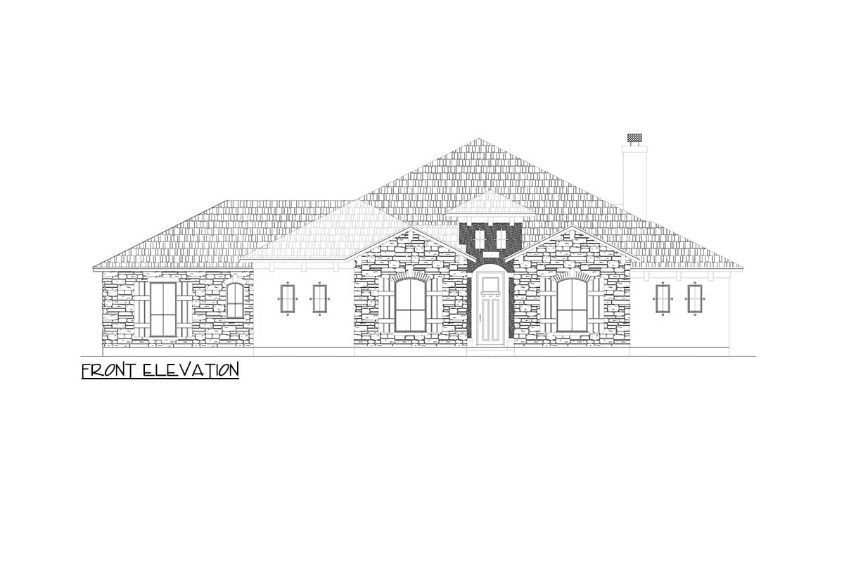 Front elevation drawing of a single-story house plan with stone facade, arched windows, and a prominent central entryway.