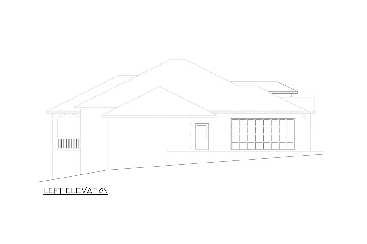 Left elevation house plan showing a single-story home with a covered porch, front entry door, and a two-car garage.