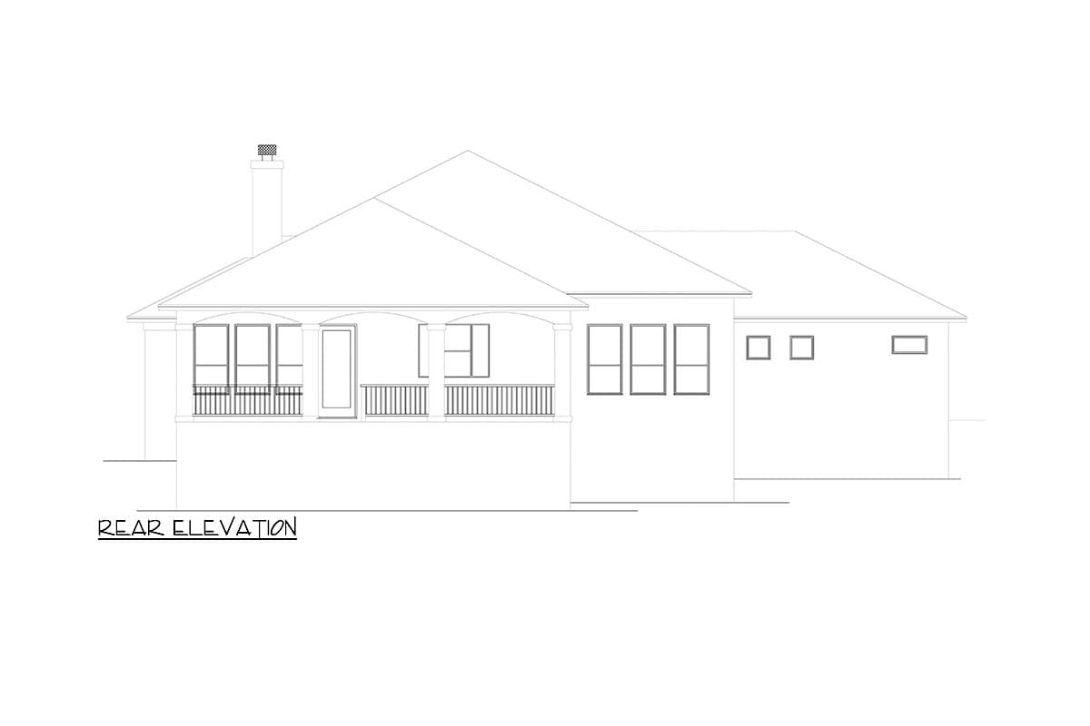 Rear elevation house plan with covered porch, multiple windows, and chimney.