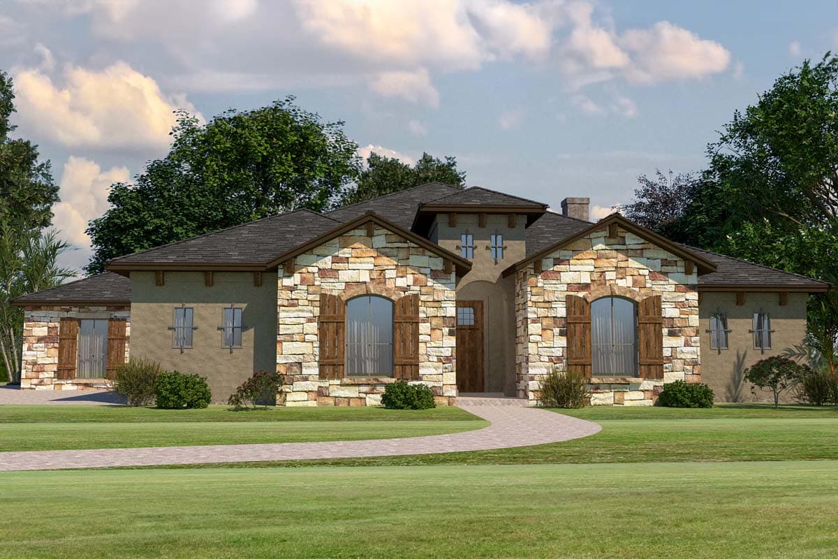 House plan exterior. One-story home with stone facade accents and wood shutters. Features include a curved entryway and a dark roofline with gables.