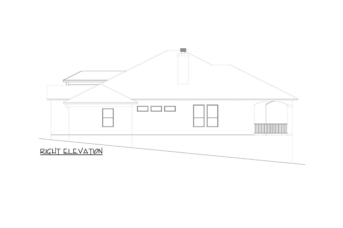 Right elevation drawing of a one-story house plan with a prominent gabled roof, chimney, and covered porch with railing.