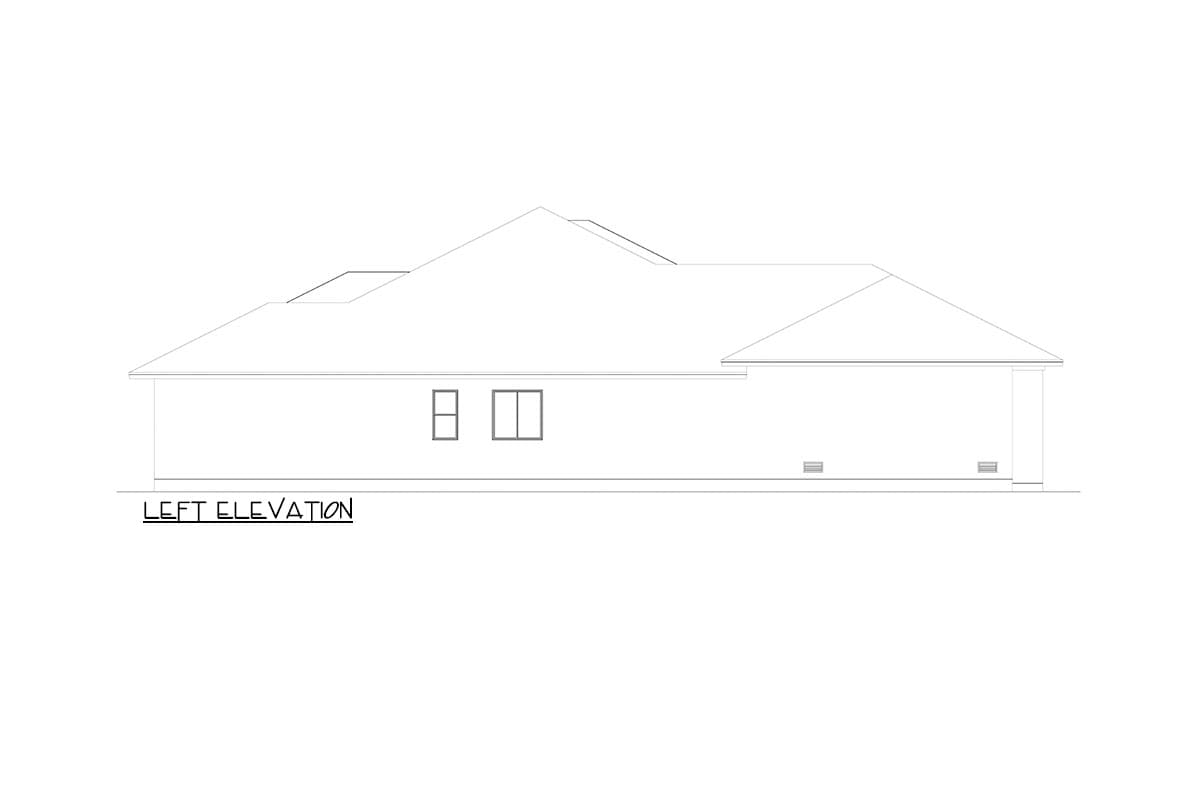 Left elevation drawing of a single-story house with hip rooflines, two windows, and a garage.