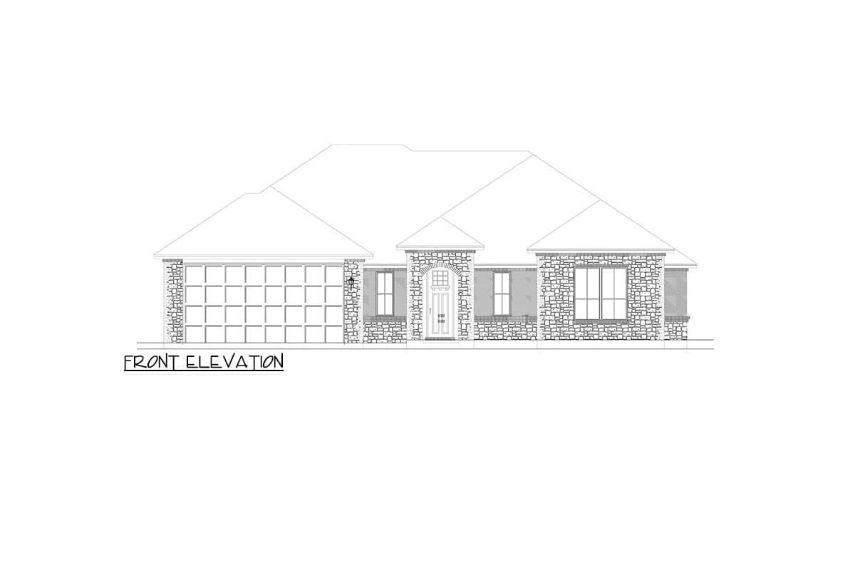 Front elevation drawing of a one-story house with a two-car garage, stone accents, and a covered entryway.