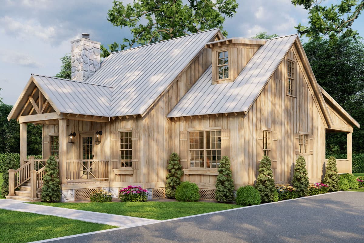 House plan exterior: Modern Farmhouse style, 1.5 stories, metal roof, stone chimney, front porch, dormer window.