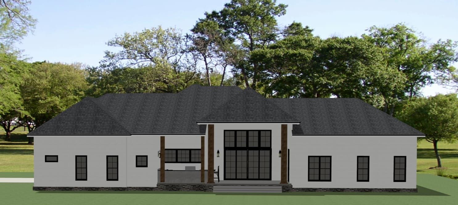 House plan exterior: one-story modern home with a covered porch, large window wall, and gabled rooflines.