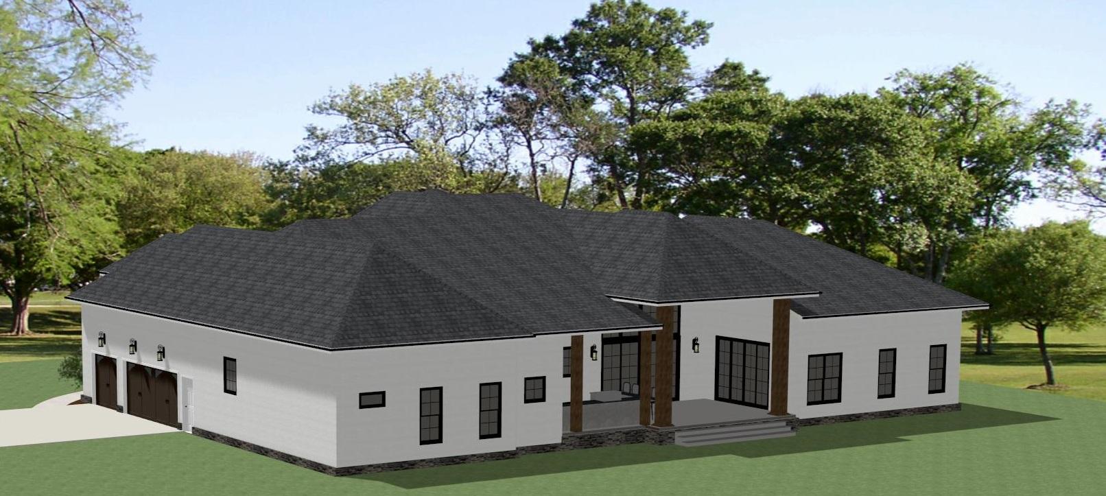 House plan exterior: one-story residence with a three-car garage, covered patio, and modern rooflines.