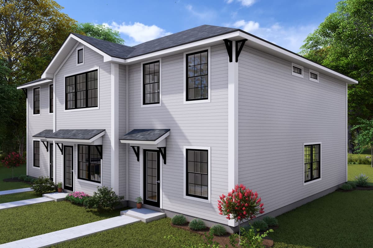 House plan exterior: Two-story modern farmhouse with gables, paired entries, and horizontal siding.