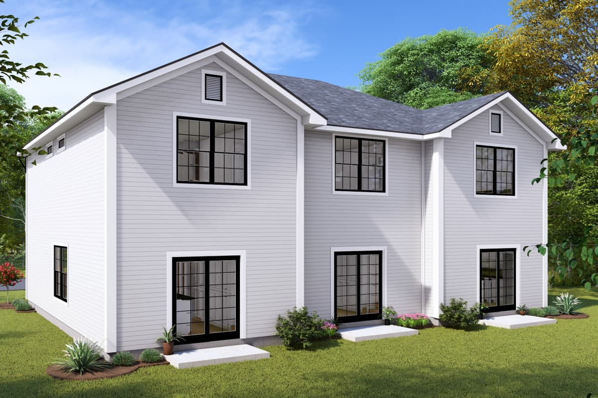 Modern Farmhouse house plan exterior, two stories, featuring a gable roof, horizontal siding, and multiple large windows.
