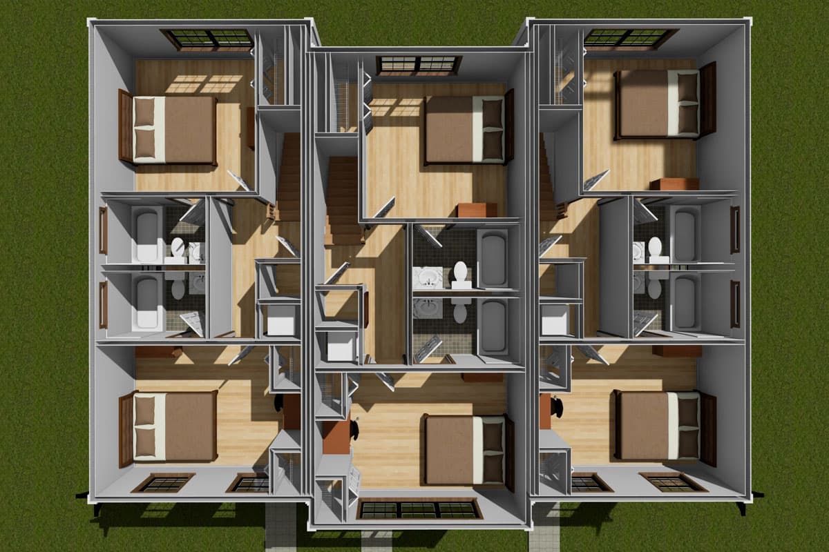 Plan 52347WM: Traditional Triplex House Plan with 2 Bed Units - 1120 Sq Ft Each - Image #7 - New American, Traditional