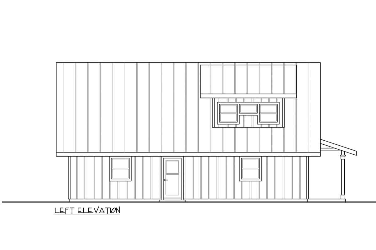 Left elevation drawing of a two-story house plan with vertical siding, central door, and multiple windows.