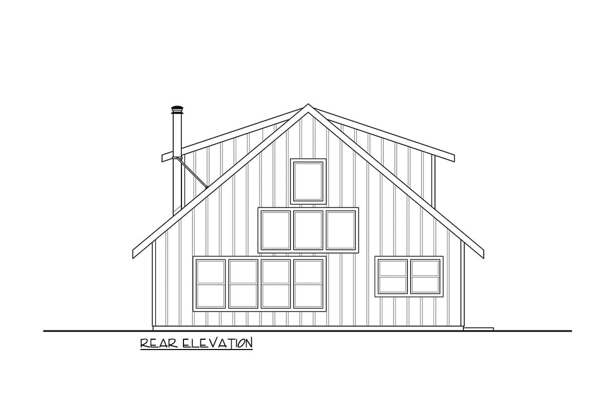 Rear elevation drawing of a house plan featuring vertical siding, a gabled roof with shed dormer, and multiple windows.