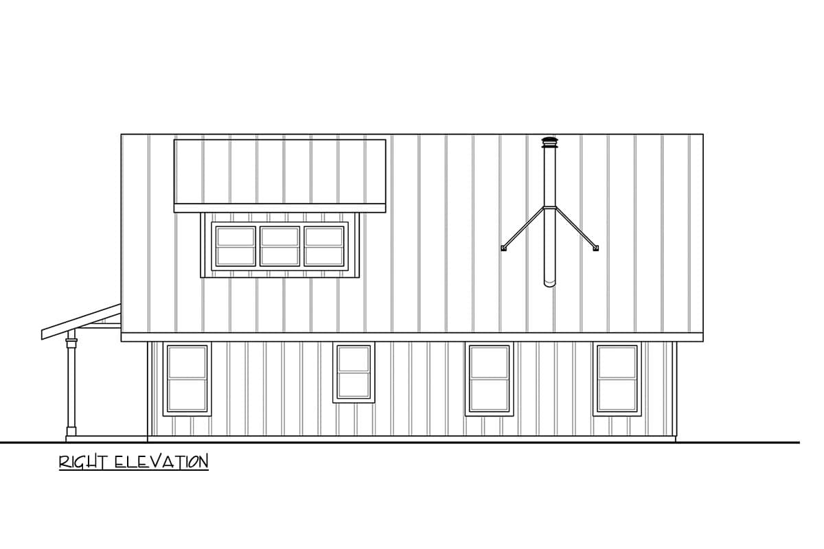 Right elevation house plan showing a metal roof, upper windows, a chimney, and lower windows.
