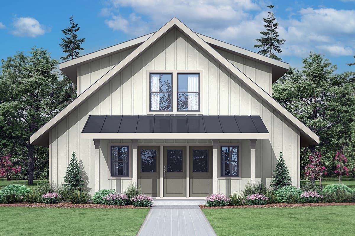House plan exterior. Two-story, farmhouse style home with gabled roof, covered porch, and board-and-batten siding.