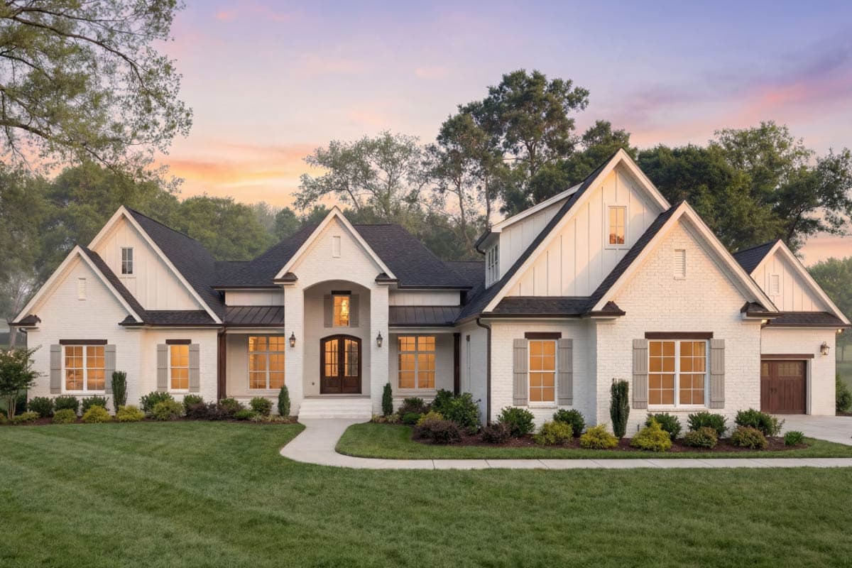 House plan exterior: Ranch style with stone facade, multiple gables, dormers, and covered porches.