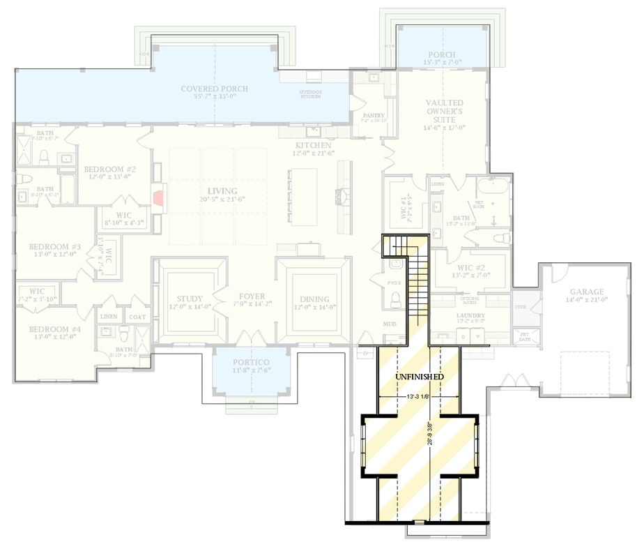 Plan 46517LA: 4 Bed Southern-Style Home Plan with Vaulted Owners Suite - 3351 Sq Ft - Floor Plan - Bonus Level - French Country, New American, Southern