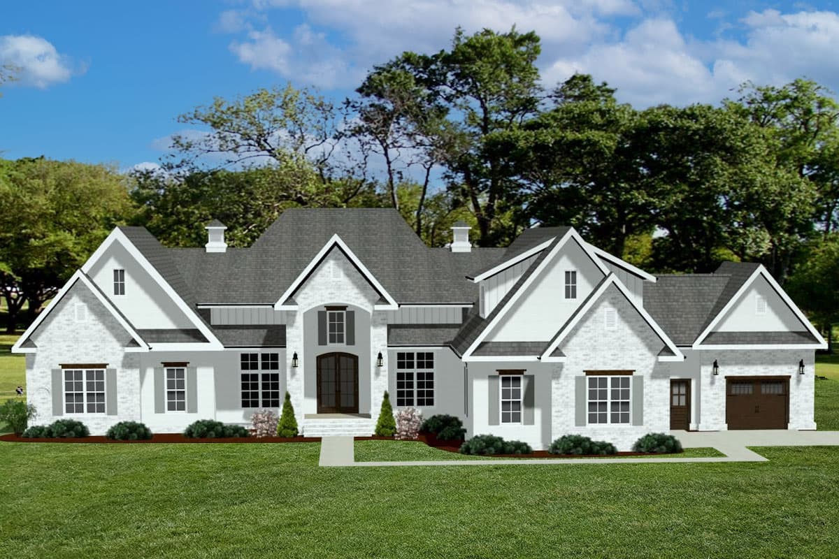 House plan exterior. Two-story Modern Farmhouse with gabled rooflines, dormers, and brick exterior. Attached two-car garage on right.