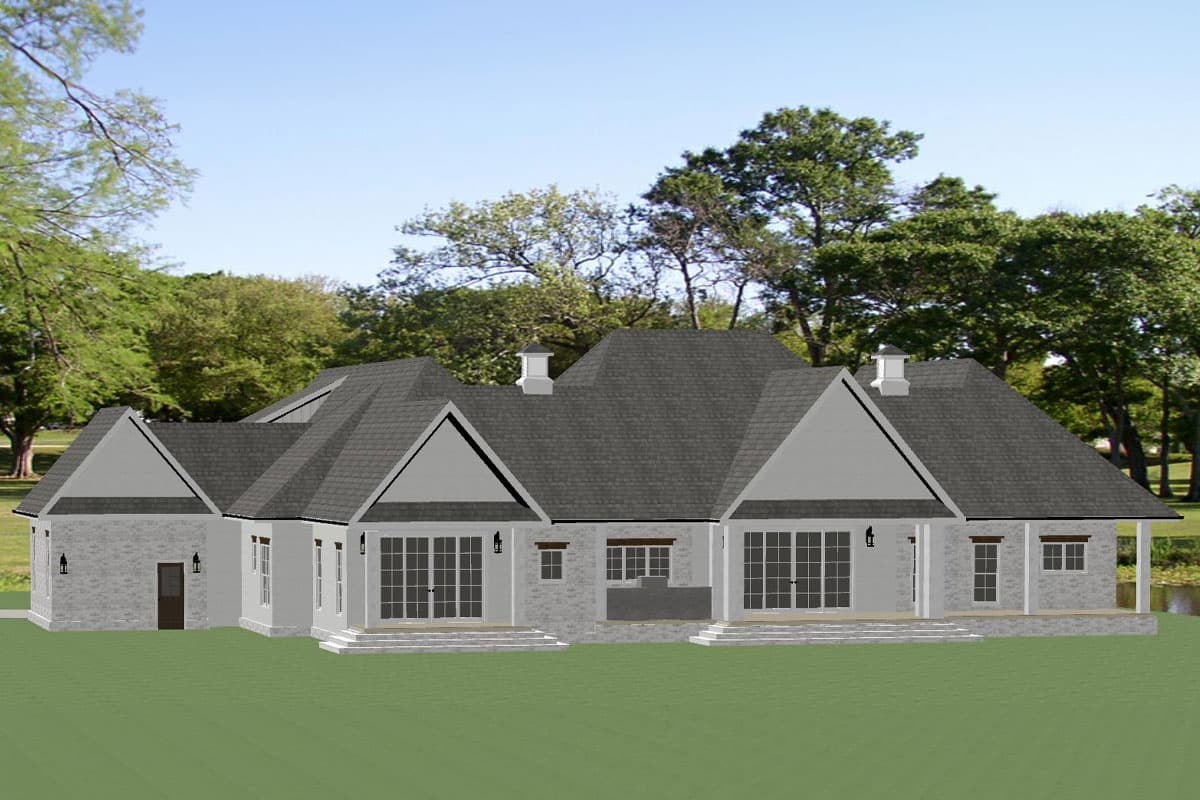 House plan exterior: Ranch style with stone facade, multiple gables, dormers, and covered porches.