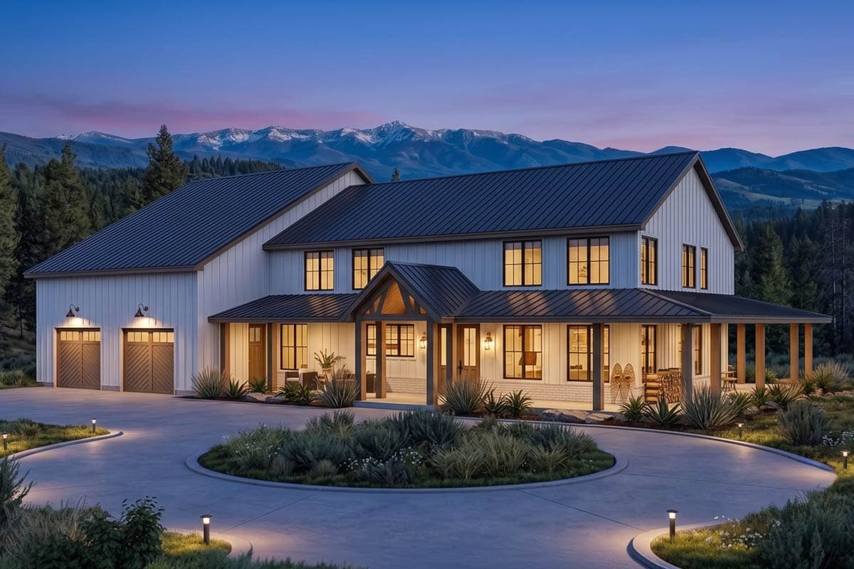 House plan exterior featuring a two-story Modern Farmhouse design. Includes a covered porch, gable roof, and attached garage with gabled dormer.