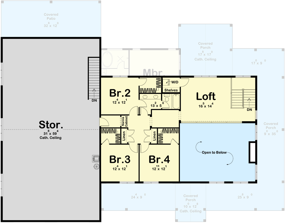 Plan 623357DJ: 2-Story Barndominium-Style Home Plan with Wrap Around Porch - 3292 Sq Ft - Floor Plan - 2nd Floor - Barndominium, Country, Modern Farmhouse, New American
