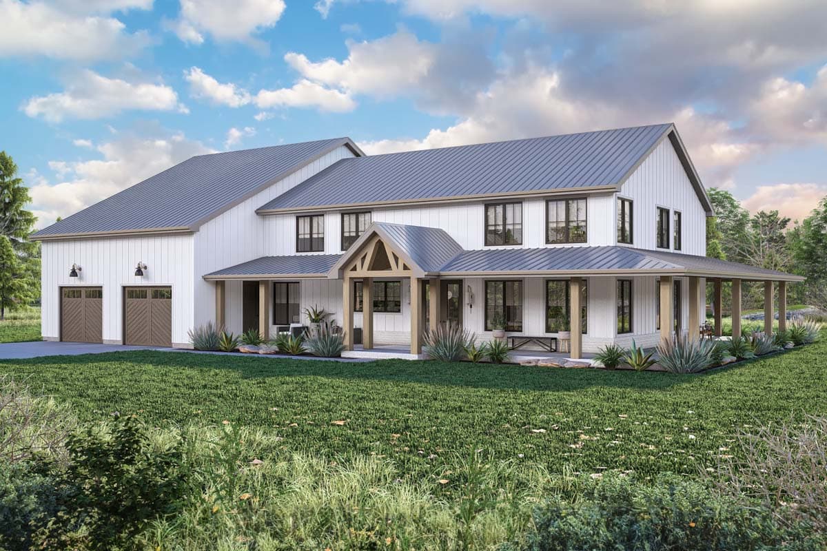 House plan exterior featuring a two-story Modern Farmhouse design. Includes a covered porch, gable roof, and attached garage with gabled dormer.