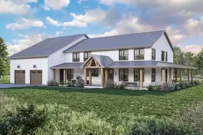2-Story Barndominium-Style Home Plan with Wrap Around Porch - 3292 Sq Ft