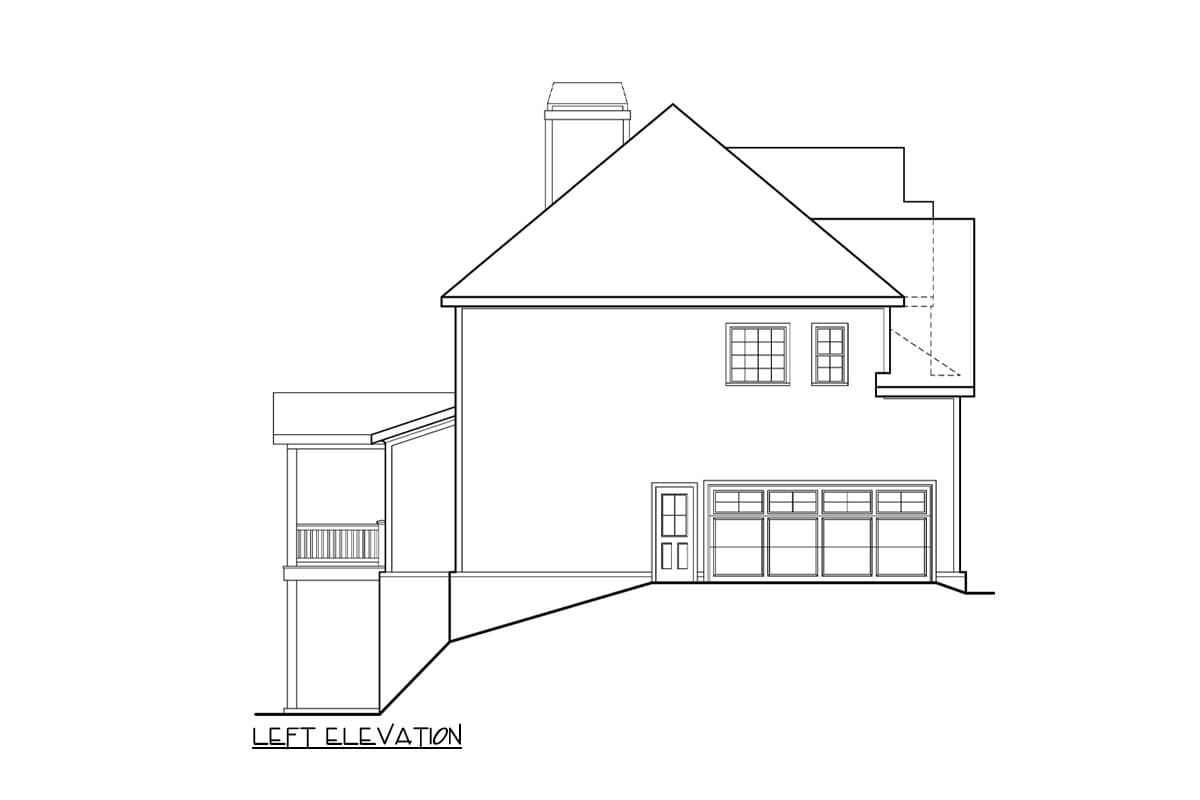 Left elevation drawing of a two-story house with a covered porch, multiple windows, and a garage door.
