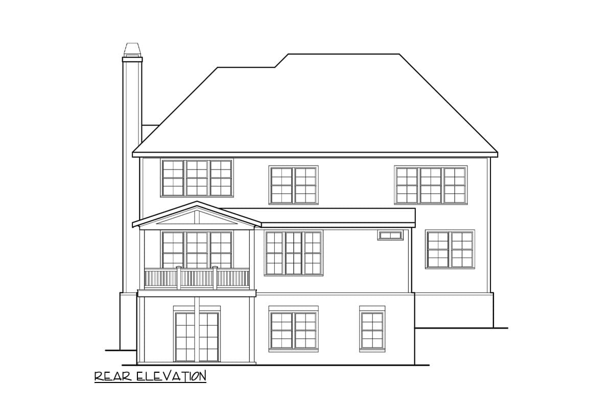 Rear elevation drawing showing a two-story house plan with multiple windows, a dormer, a balcony, and a prominent chimney.