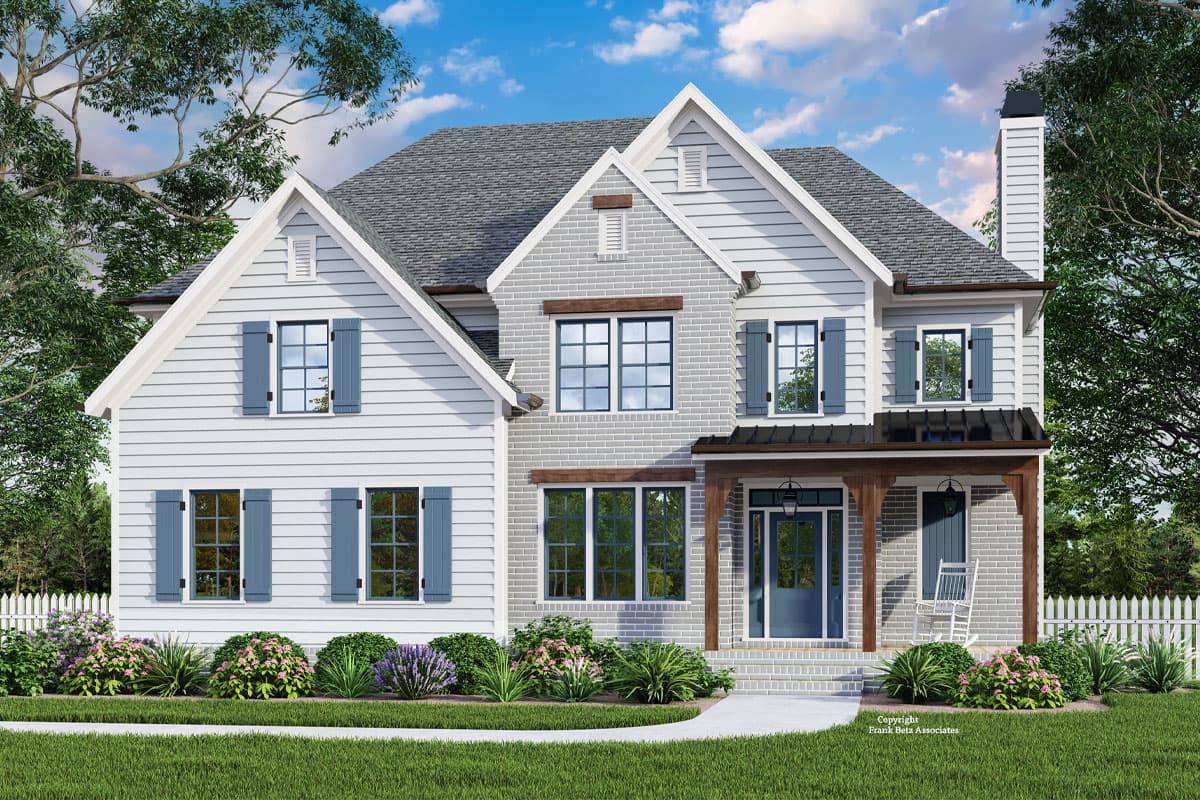 House plan exterior. Two-story Modern Farmhouse with gables, a covered porch, shutters, and a brick chimney.