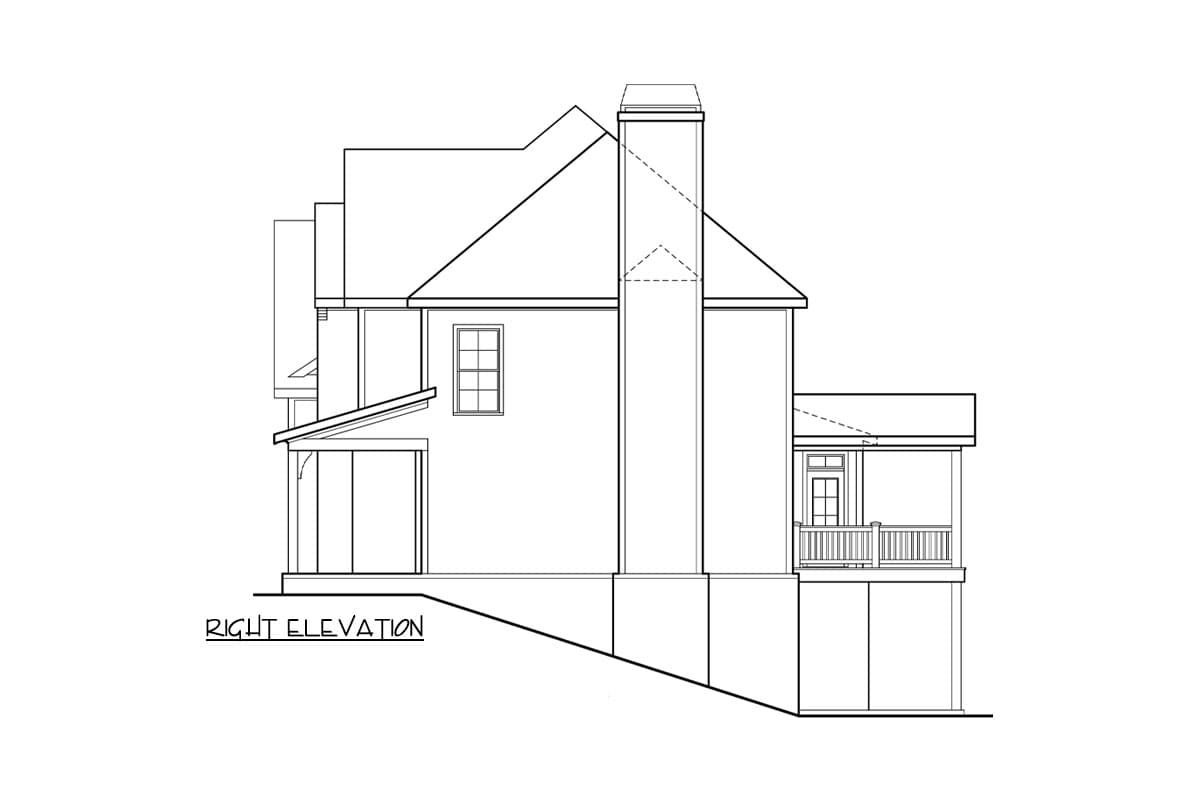 House plan right elevation showing a multi-story structure with a prominent chimney, a covered porch with railing, and multiple windows.